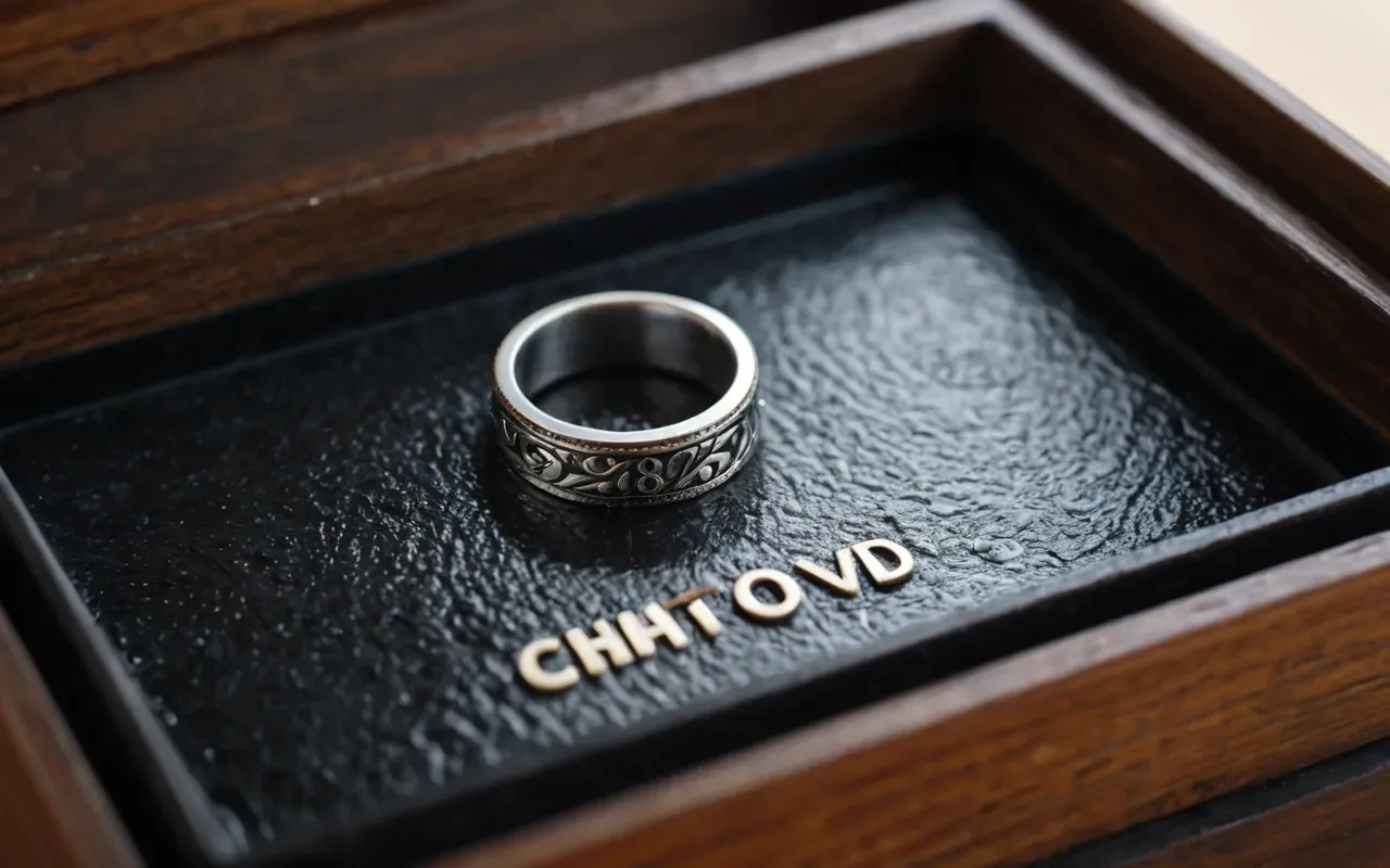 Close up of a small silver ring resting on a worn plastic tray next to a pristine solid wood box with soft natural light highlighting the texture differences between materials