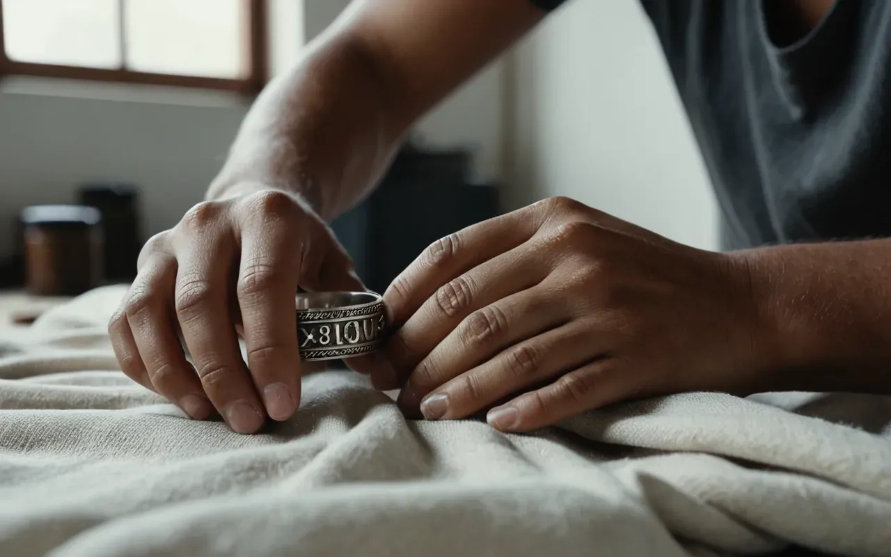 jewelry craftsmanship Close up of hands polishing a silver ring on a soft cloth in a bright workshop with natural light and minimal tools visible in the background