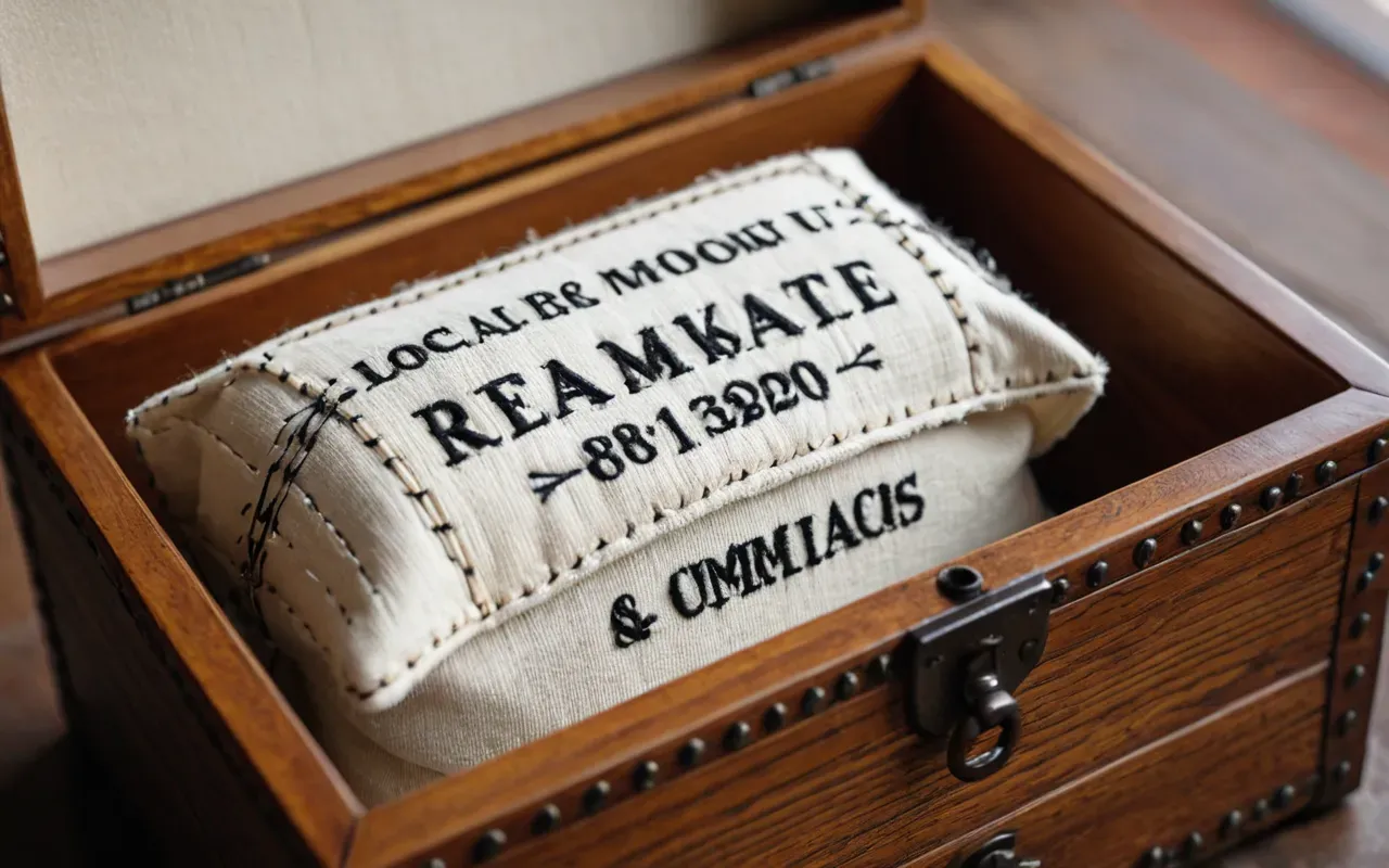 Close up of the interior lining of a wooden jewelry box showing neat hand stitches in cream cotton fabric contrasting with messy machine stitching on another piece nearby