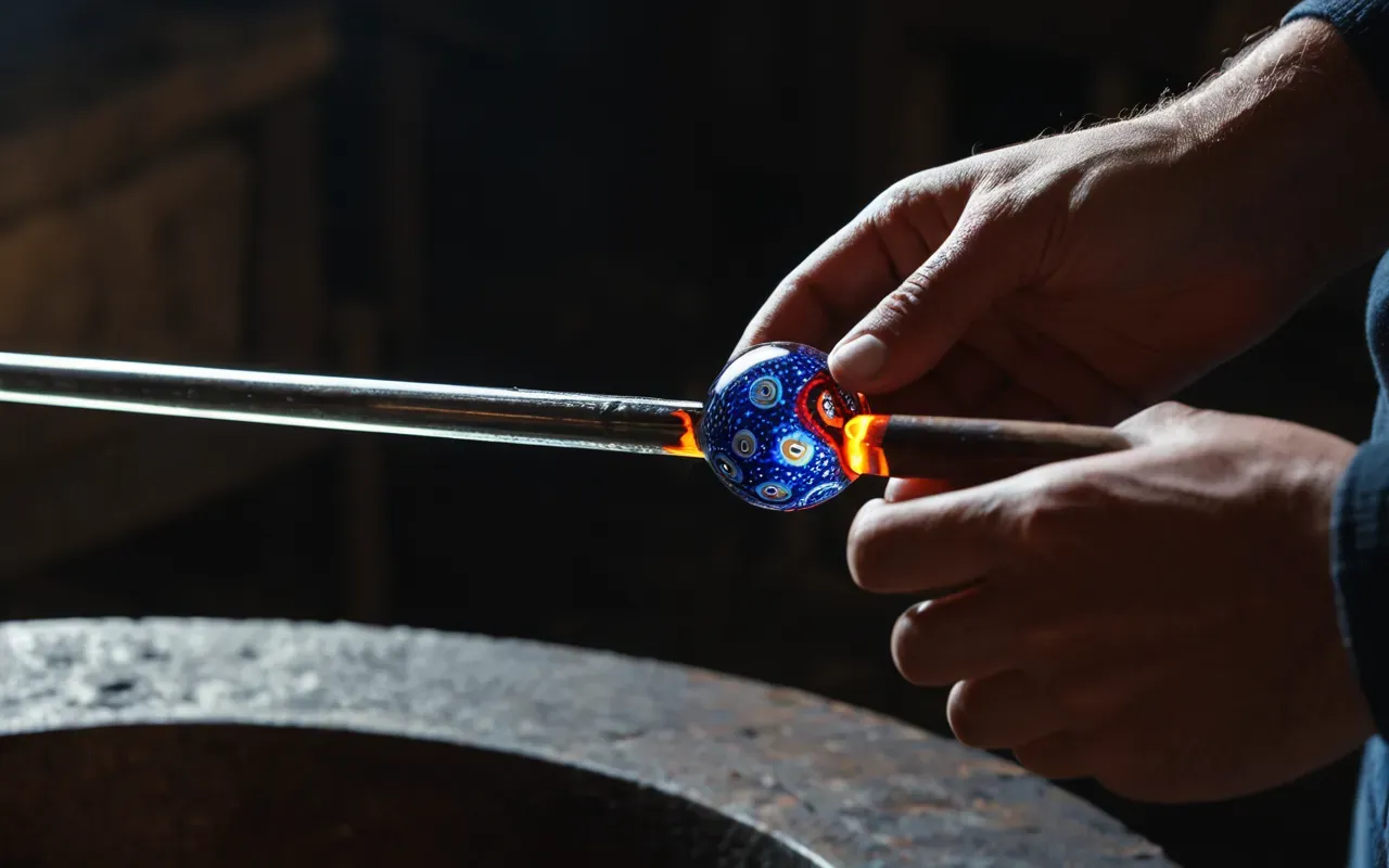 Close up shot of hands holding a molten glass rod with swirling red and blue murrine patterns against a dark workshop background showing intense heat glow
