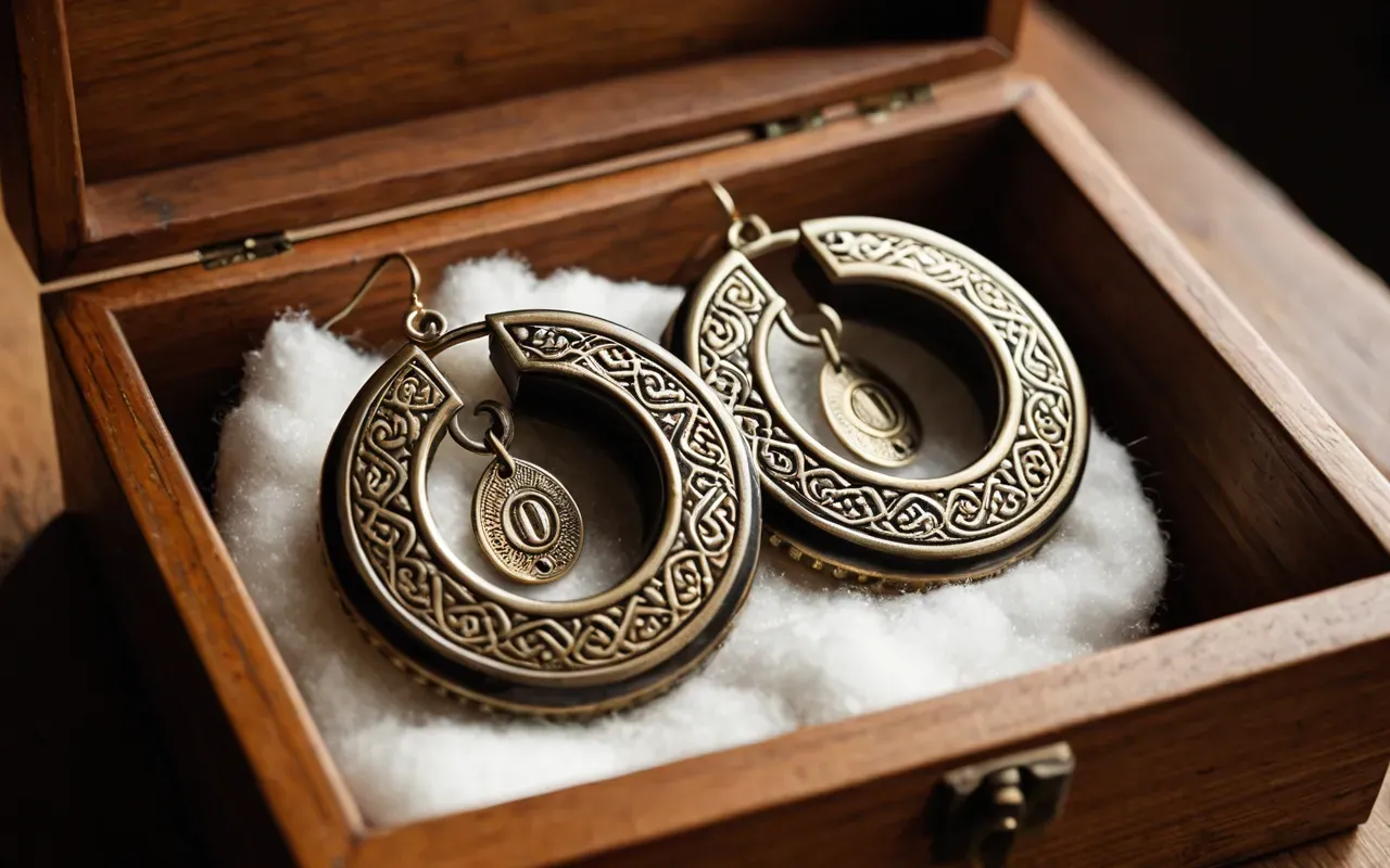 Editorial shot of a pair of artisanal earrings displayed in an open wooden box with soft cotton lining under warm indoor lighting