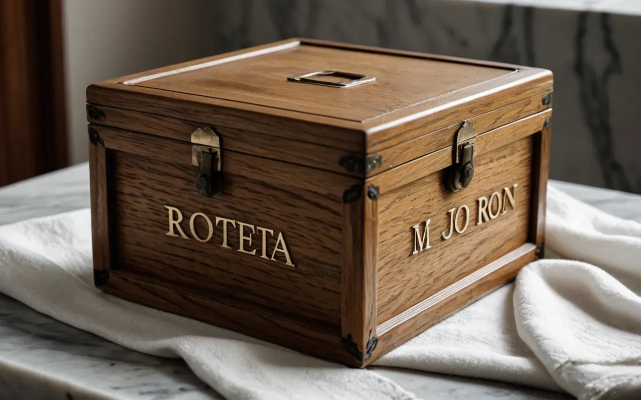 Editorial still life of a polished oak wooden box with visible grain patterns sitting on a marble surface next to soft white cotton cloth in diffused light