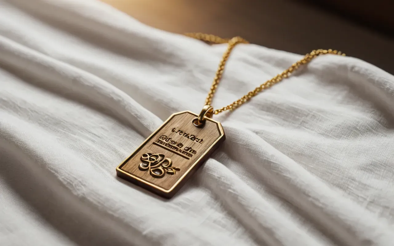 gold jewelry pricing Editorial still life of a wooden price tag attached to a delicate gold necklace resting on white linen fabric with soft shadows and warm lighting
