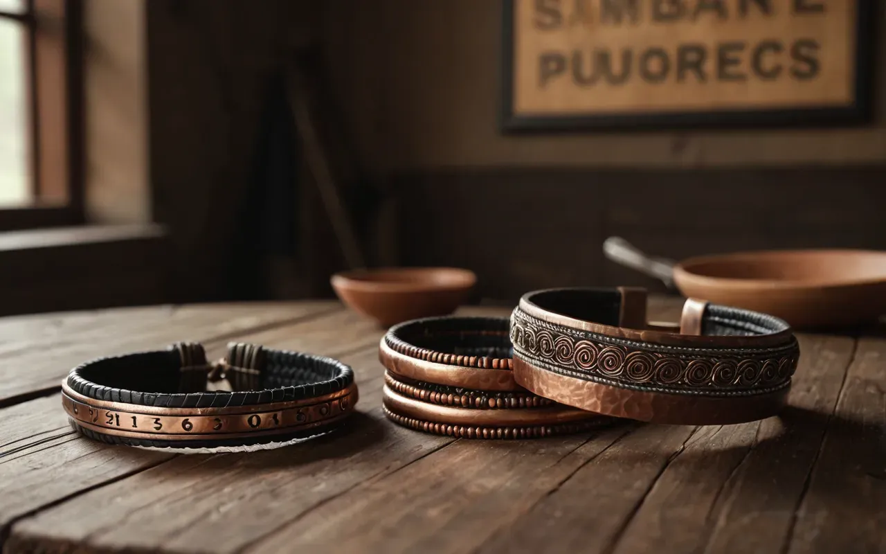 Editorial still life of woven leather earrings and hammered copper bracelets arranged on a rustic wooden table with soft diffused lighting and neutral tones