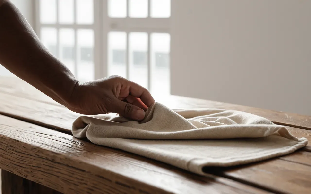 Hands gently wiping a wooden surface with a soft beige cloth in a bright minimalist room with large windows and white walls