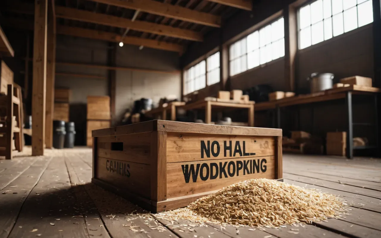 Interior view of a modern woodworking studio with shavings on the floor and a half-finished wooden box in progress under warm overhead lighting