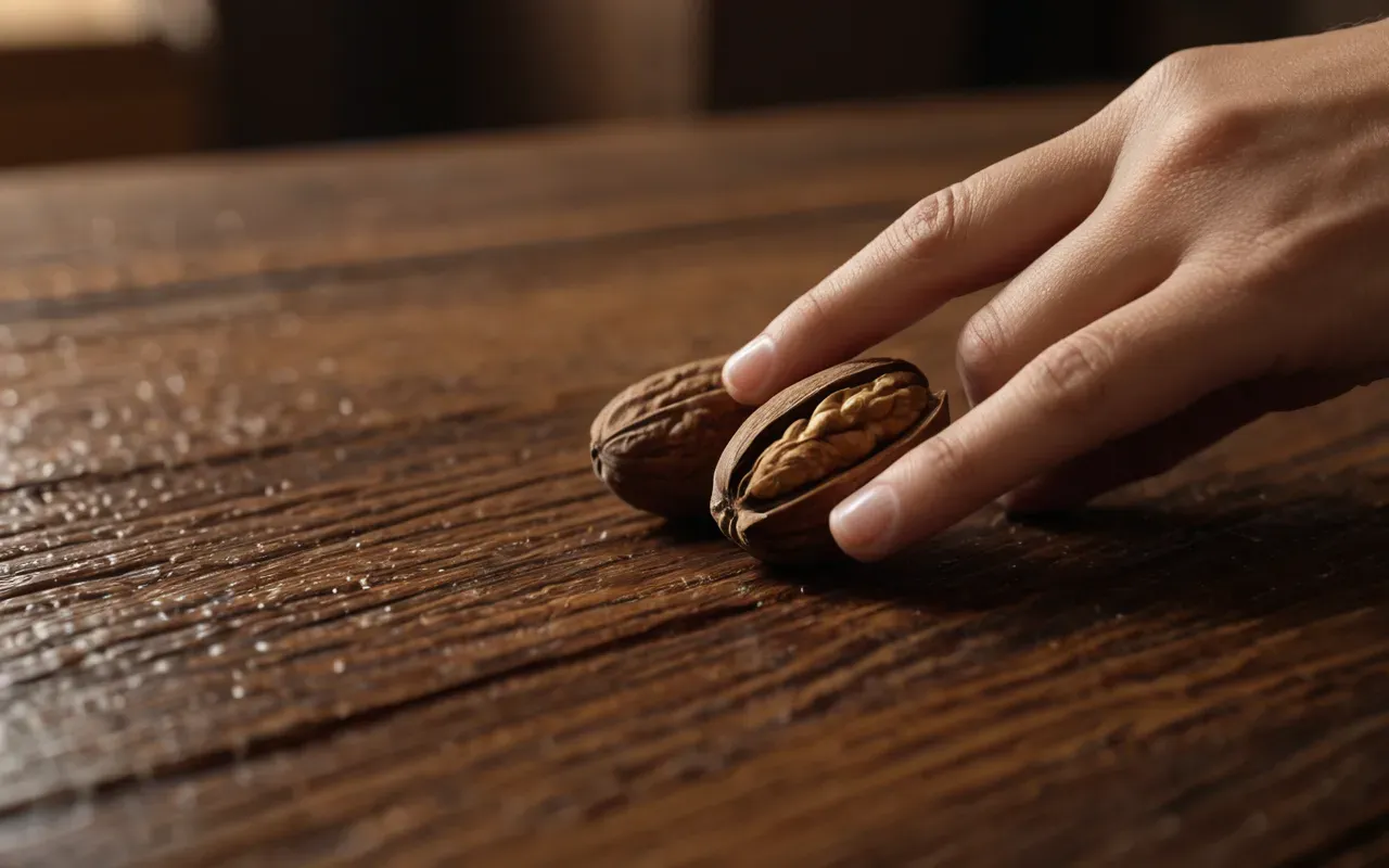 Macro shot of fingers touching the rough grain of a walnut wood surface versus smooth glossy plastic with shallow depth of field and warm lighting