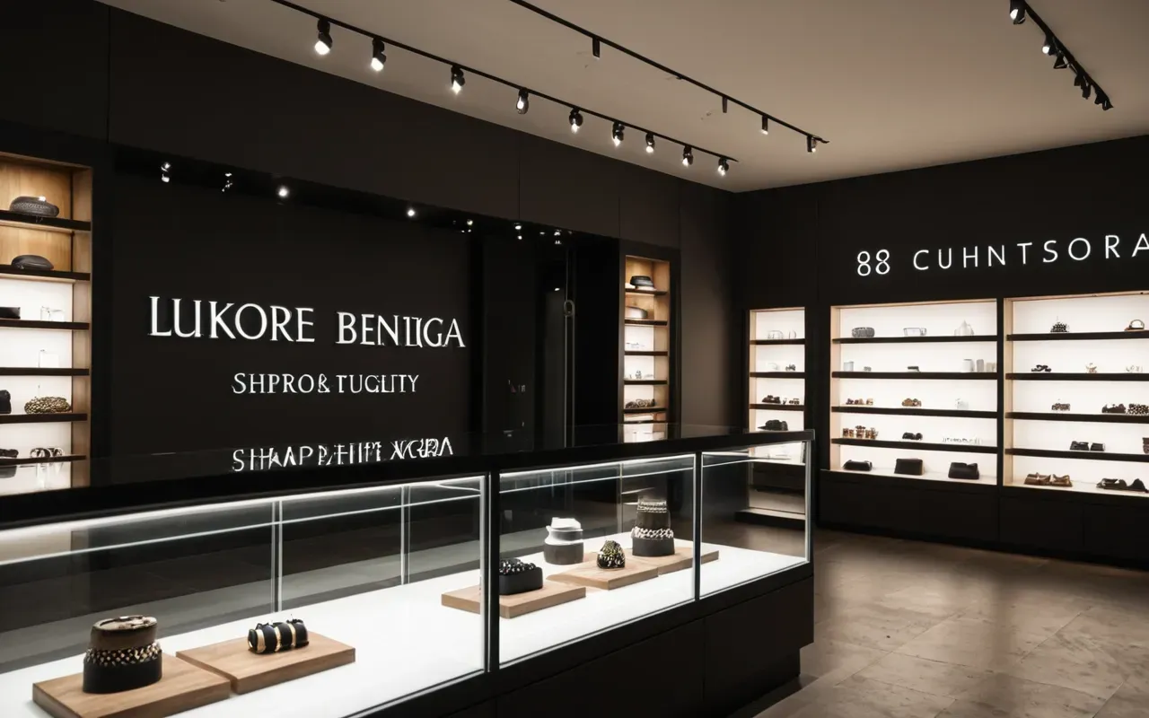 Modern boutique interior with shelves displaying various handmade jewelry pieces in glass cases under warm spotlights with a clean minimalist aesthetic and neutral color palette
