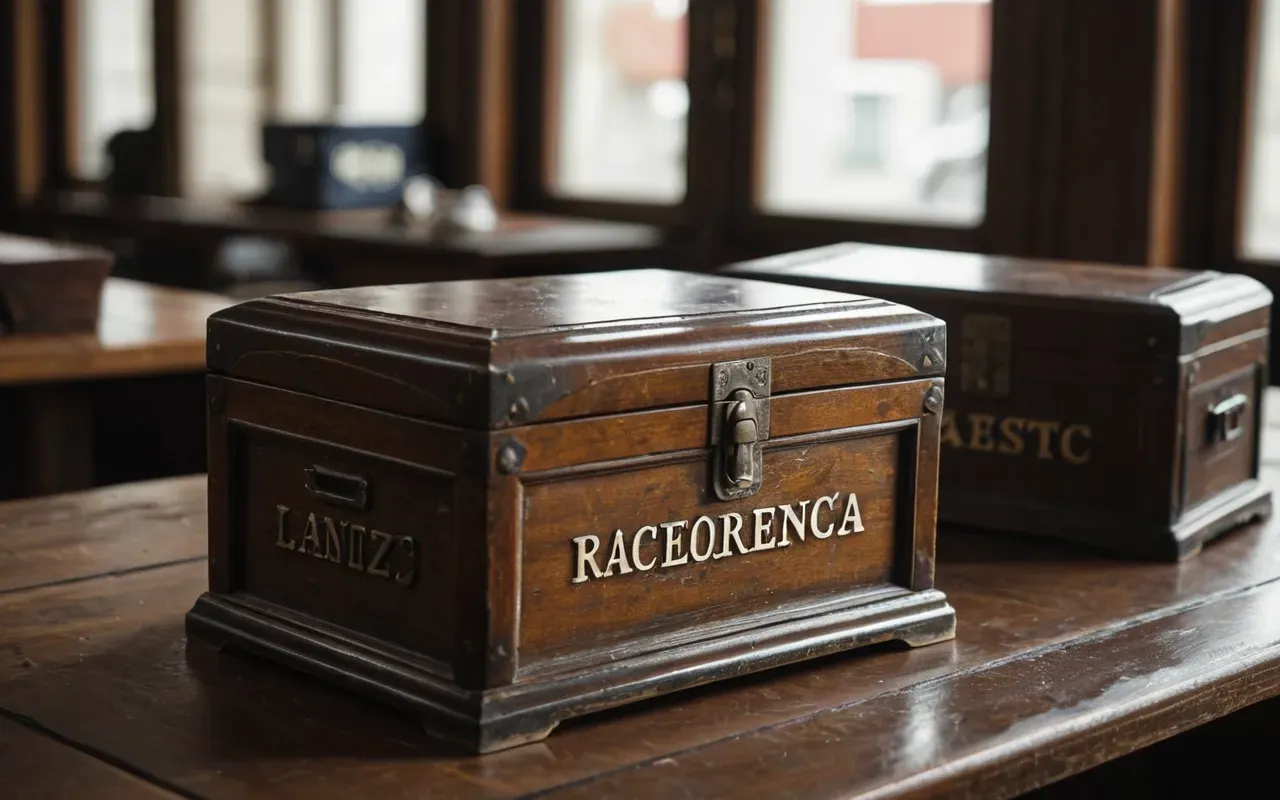 Old vintage wooden jewelry box with worn edges and patina sitting on a modern desk next to a brand new glossy plastic box showing the difference in aging over time under natural window light