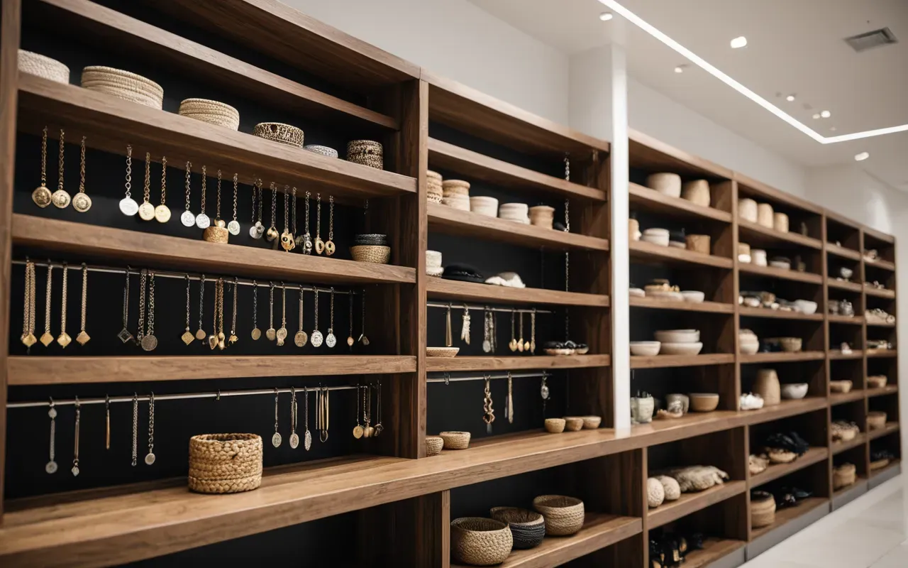retail display organization Organized shelves in a modern retail space displaying various necklaces and bracelets on wooden hangers with neutral background and soft diffused light