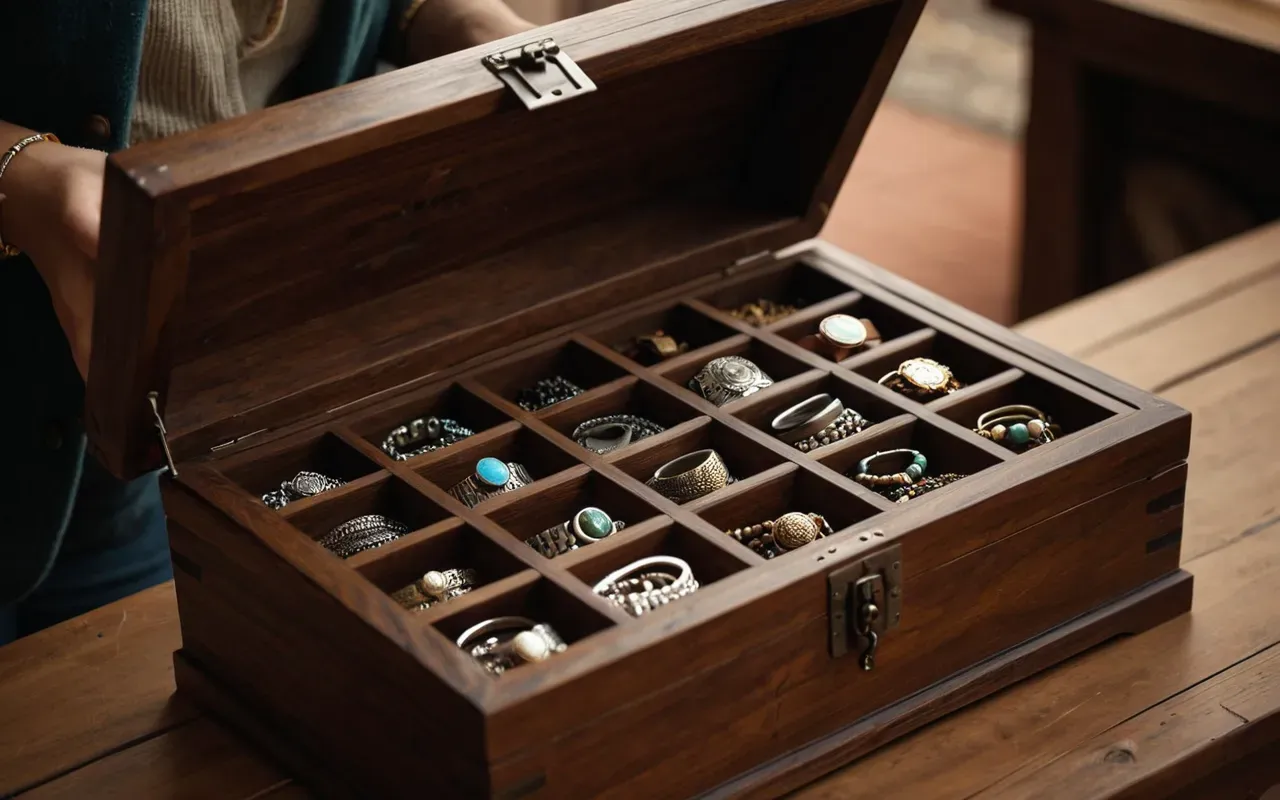 Person opening a heavy solid wood jewelry box with a look of delight and surprise as they see their neatly arranged silver bracelets inside warm ambient lighting in a cozy room setting