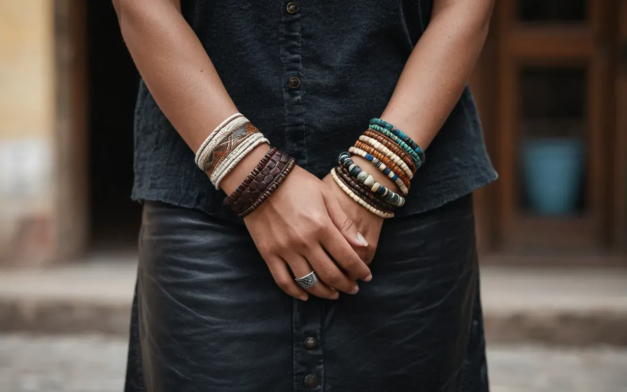 Portrait of a person wearing multiple layered handmade bracelets including woven leather and hammered metal on their wrist with soft focus background and natural indoor lighting