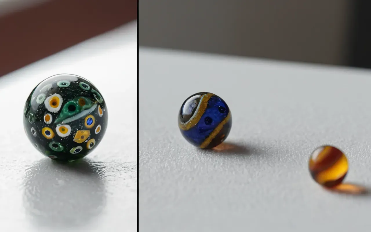 Side by side comparison showing a faded plastic bead with visible chemical stains next to a vibrant glass murrine bead with clear color layers on white surface