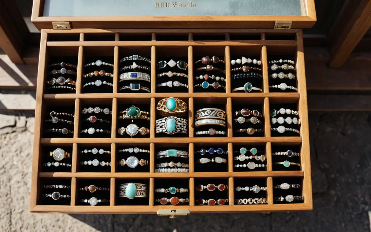 Top-down view of an organized wooden jewelry organizer with multiple compartments holding various rings and bracelets in soft daylight