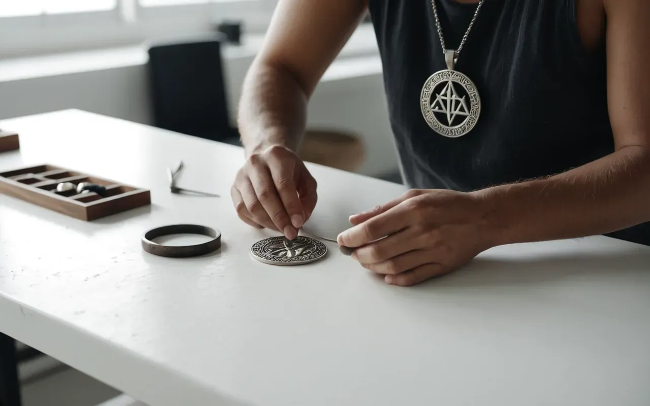 Wide shot of a modern minimalist workshop with a jewelry maker's hands polishing a silver pendant on a clean white workbench with soft natural daylight and neutral tools arranged neatly